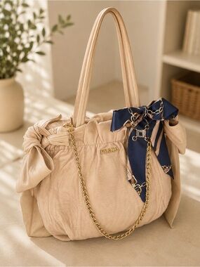 Prada Fiocco Bow Tote Cipria Nappa Leather Rare Archive Bag + Chain